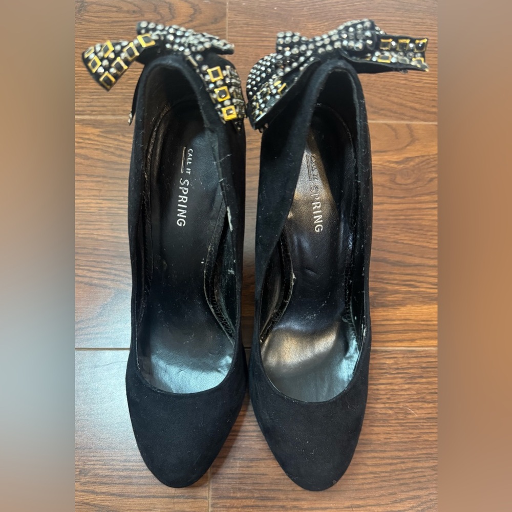 Call It Spring | Women's Black Suede Stilettos  with Studded Bow | Size 7.5
